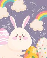 felices pascuas adorables conejos arcoíris nubes huevos decoración vector