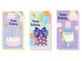 feliz cumpleaños, pastel globos velas dibujos animados celebración decoración banner vector