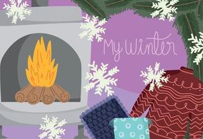 invierno con cojín de chimenea de suéter y tarjeta de copos de nieve vector