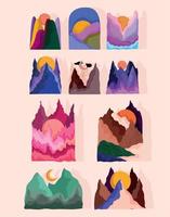 abstract landscape icon set, mountains peaks sun and color vector