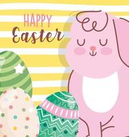 happy easter cute rabbit and decorative eggs yellow stripes background vector