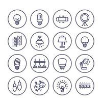 light bulbs, lamps and led lights line icons set vector