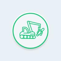 Forest harvester line icon on round shape, timber harvesting machine, tree harvester linear sign, vector illustration