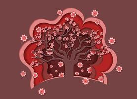 Vector illustration in the style of a paper clipping. A tree in flowers.  Sakura made of paper