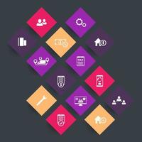 14 finance, costs, tax icons on color rhombic shapes, vector illustration