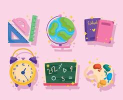 back to school, blackboard globe ruler books and clock icons vector