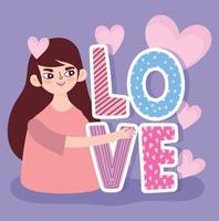 cartoon young woman love text and hearts romantic design vector