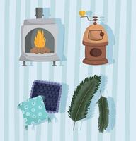 winter icons set wood stove fireplace cushions and branches striped background vector