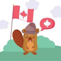 Beaver with flag and bubble of happy canada day vector design