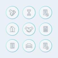 Leasing line icons, banking, loan, assets, pictograms, round icons set, vector illustration