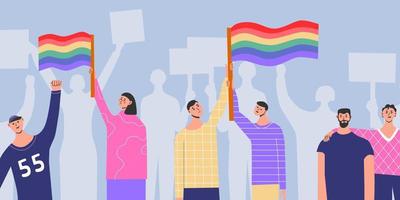 People placards posters with lgbt rainbow transgender flag, pride month, parade against violence, descrimination, human rights. vector