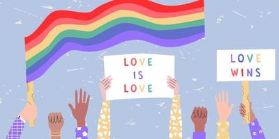 People placards posters with lgbt rainbow transgender flag, pride month, parade against violence, descrimination, human rights. vector