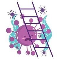 covid 19 virus cartoon with ladder and leaves vector design