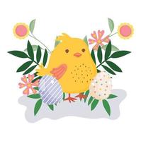 felices pascuas lindo pollo huevos decorativos flores hojas naturaleza vector