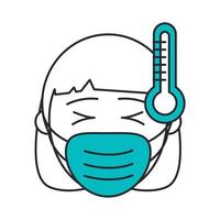 covid 19 coronavirus, woman with mask and fever, prevention spread outbreak disease pandemic line and fill style icon vector