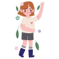 happy girl in casual clothes with flowers and leaf in cartoon style vector