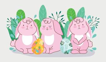 felices conejos de pascua con huevos decorados celebración floral vector