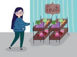 Mujer joven con mercado de estantes con ocio de frutas. vector