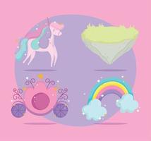 lindo unicornio arco iris princesa carruaje e iconos de tierra vector