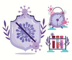 covid 19 virus cartoons shield test tubes and clock vector design