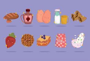 breakfast food fresh cartoon cute icons bread syrup bottle milk cereal fruit cookie and sandwich vector