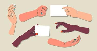 Set of illustrated female hands. Variety of gestures. Hands holding paper. Trendy isolated vector flat illustration set. Group of trendy hands for web design and print.