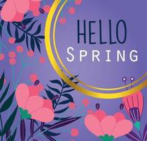 hola primavera, letras hermosas flores hojas fondo púrpura vector