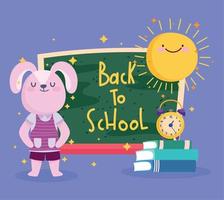 back to school, cute rabbit with chalkboard books and clock cartoon vector