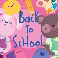 regreso a la escuela, lindo oso conejo libros lápiz sol dibujos animados vector