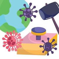 covid 19 virus cartoons hammer world and button vector design