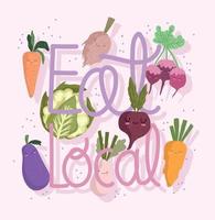 eat local hand drawn text, cartoon carrot onion radish beet eggplant and cauliflower vector