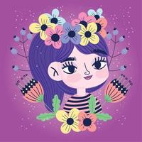 linda chica con flores en la cabeza decoración botánica vector