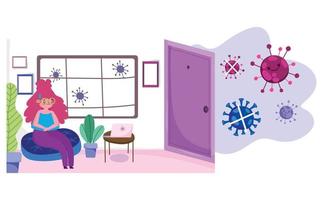 stay at home, young woman resting in living room protection, quarantine prevention, covid 19 vector