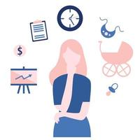 A young woman chooses between work and maternity leave. Career or child is a difficult choice.problem solving concept, woman thinking, Hand drawn style vector design