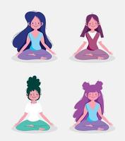 grupo de mujeres practicando yoga pose actividad de loto ejercicio deportivo en casa vector