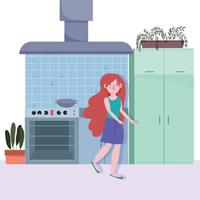 people cooking, girl in the kitchen with stove cooker hood saucepan vector