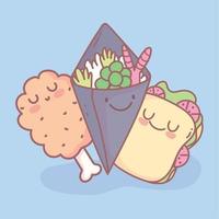 sandwich temaki salad and chicken leg menu restaurant cartoon food cute vector