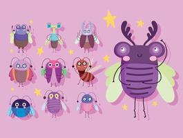 cute bugs insects animal nature in cartoon style icons vector