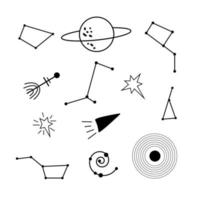 Space Set. Vector hand drawn outline illustration of Space concept. Black contour doodle, line art.  Coloring book design element. Poster, greeting card