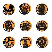 Halloween icons set. Halloween round shape  badge black color on orange background. Vector. vector