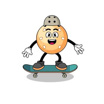 mascota de la bola de sésamo jugando una patineta vector