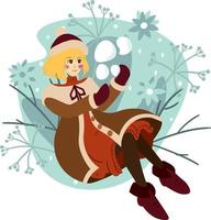 Trendy young woman in warm down jacket and hat vector flat illustration.