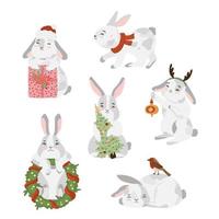 Cute Christmas rabbit, bunny, hare collection. Happy new year 2023. Chinese Lunar New Year 2023, year of the rabbit. Vector cartoon illustration.