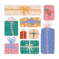 Set of colored Gift Boxes with Ribbon and bows different shapes and sizes. Big pile of presents in festive wrapping paper for Christmas holiday or Birthday. Sale, shopping concept. Vector illustration