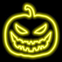 Neon yellow pumpkin outline for halloween with cut out evil face on black background vector