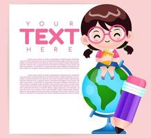 Cute Student Girl Hugging Book On The World Globe With Banner vector