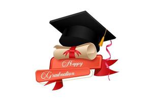 Realistic graduation cap and diploma scroll isolated on white background. Academic hat with tassel and university degree certificate. Vector illustration for announcement, banner, poster, flyer, ad