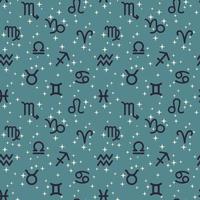 Elements of the zodiac signs on a blue background with stars. Repetitive seamless pattern for printing on textiles and paper. From bed linen to flyers. vector