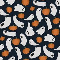 Background of ghosts in the sky with pumpkins. Seamless pattern with flying ghosts and pumpkins on a blue background. Suitable for printing on textiles and paper. Themed gift wrapping, notebook cover. vector