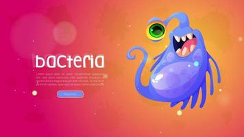 Bacteria cartoon web banner, cute one-eyed virus vector